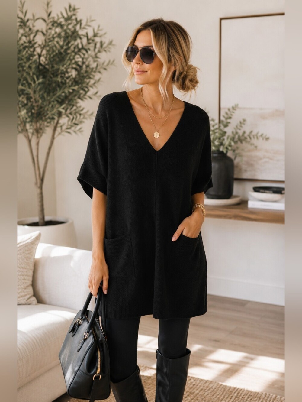 ✨ LOFT Black Oversized Sweater Tunic Dress | Soft Ribbed Knit | Pockets | Minima